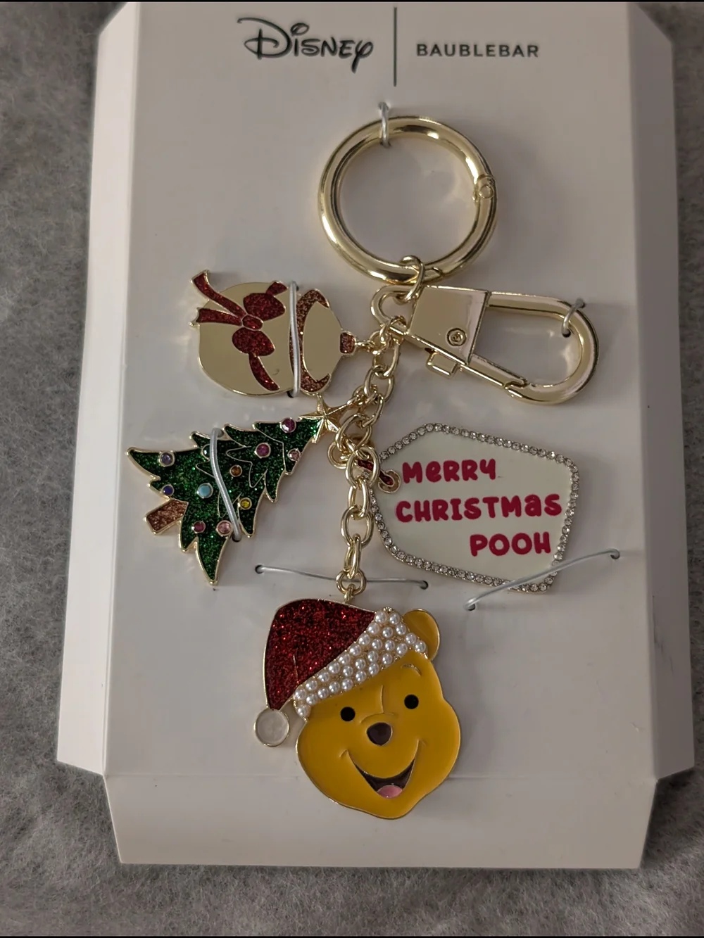 BaubleBar Gold-Tone Winnie the Pooh Holiday Keychain with Green & Red Accents